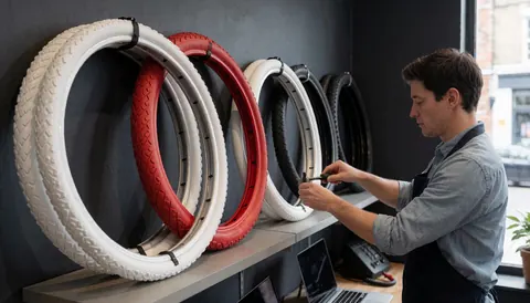Modern bike shop displaying red and white rims while a mechanic works with tools at a stainless steel counter.