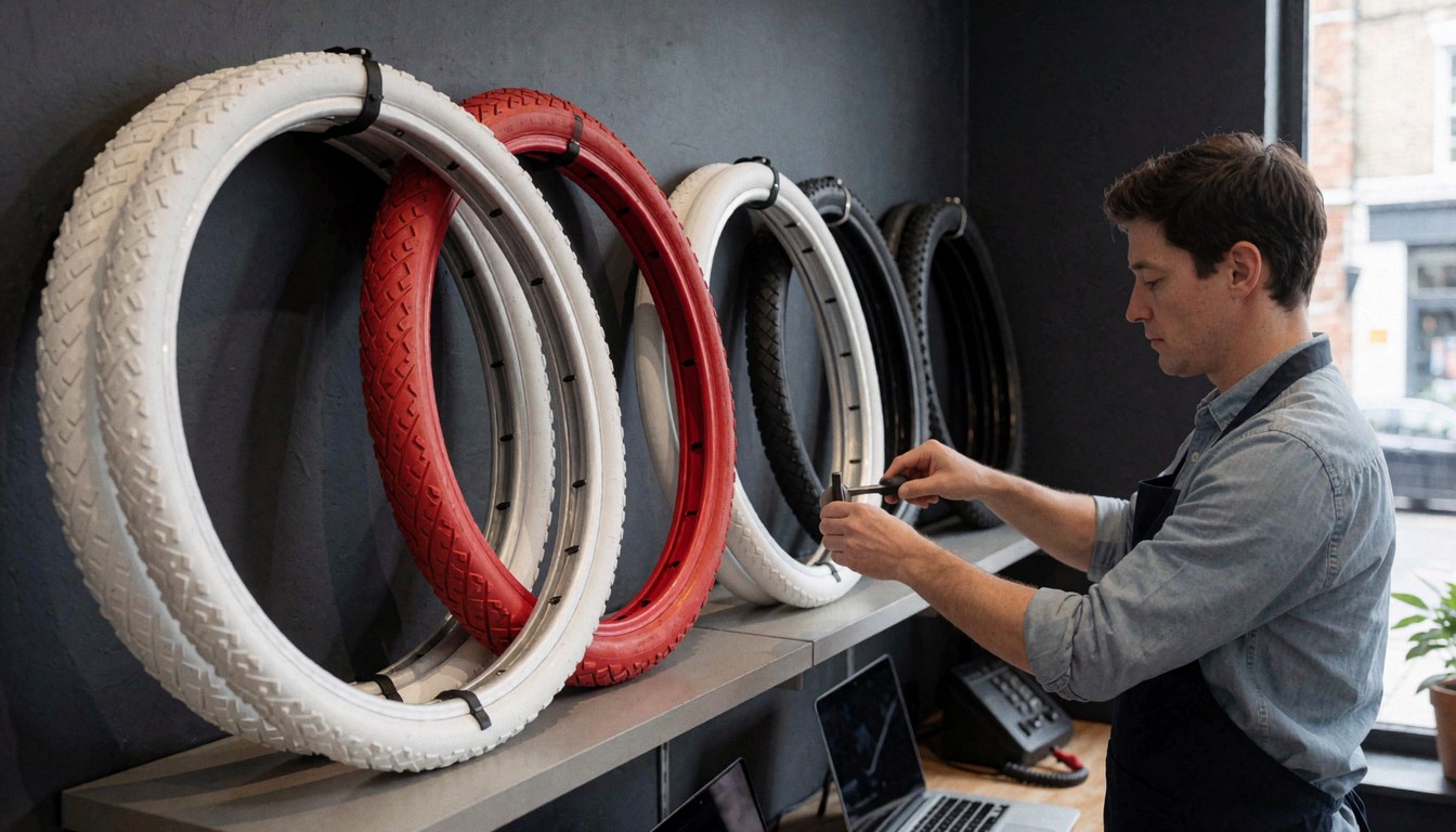 Modern bike shop displaying red and white rims while a mechanic works with tools at a stainless steel counter.