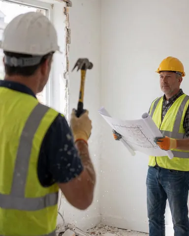 A bricklayer wearing a hard hat and safety vest strikes a wall with a hammer while a client holding blueprints observes the construction work.