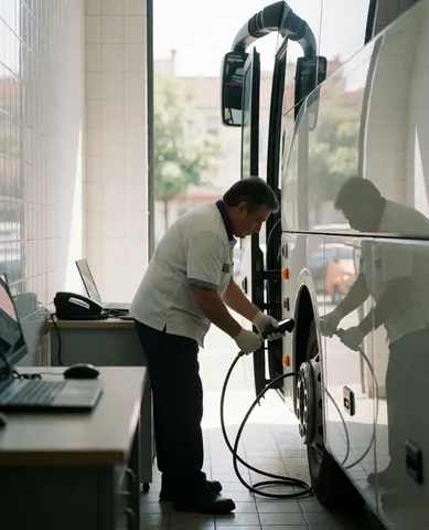 Driver inspecting tire pressure on a tour bus using a digital gauge in a clean workshop to ensure professional maintenance service.