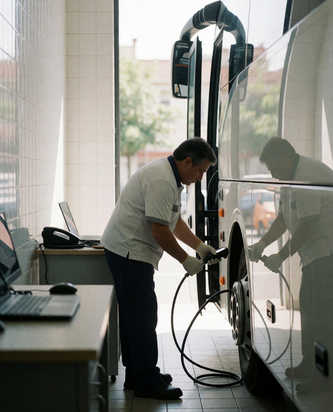 Driver inspecting tire pressure on a tour bus using a digital gauge in a clean workshop to ensure professional maintenance service.