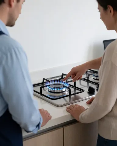 Technician displays a repaired gas stove with a blue flame to a client in a modern kitchen during a service call.