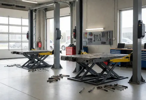 Two hydraulic lift platforms in an auto repair garage with tools on the floor and wall hooks, illuminated by natural light from garage windows.