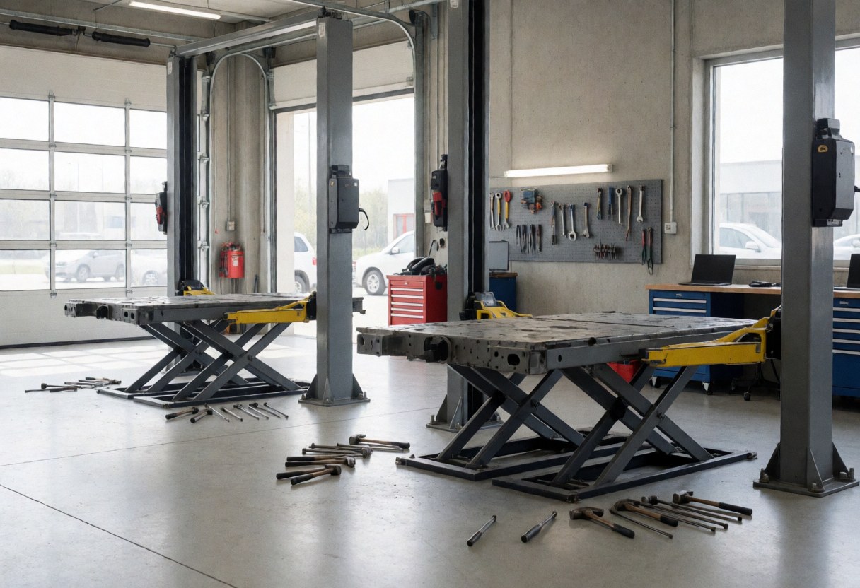 Two hydraulic lift platforms in an auto repair garage with tools on the floor and wall hooks, illuminated by natural light from garage windows.