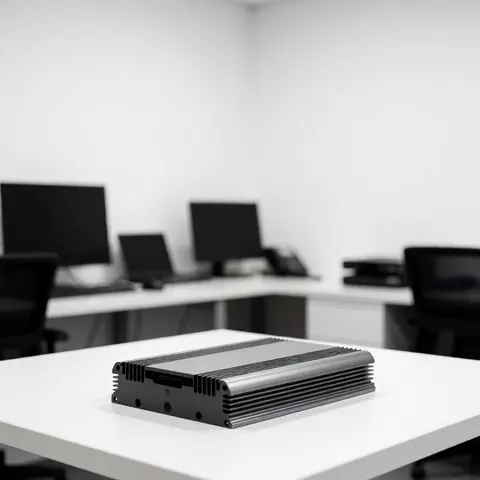 Car audio amplifier placed on a white desk in a modern office with computers in the background