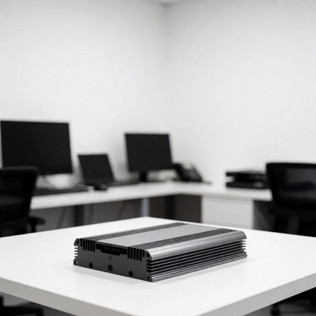 Car audio amplifier placed on a white desk in a modern office with computers in the background