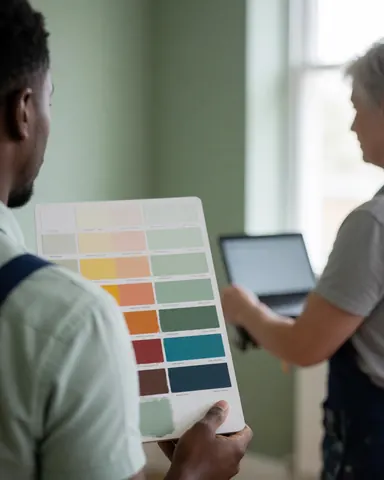 A satisfied customer examines paint color samples alongside a professional painter in a room with soft green walls.