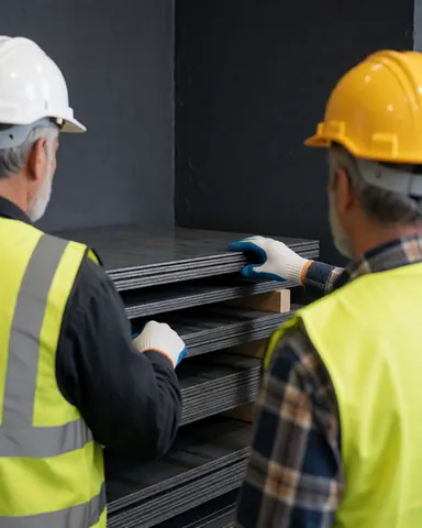 Two workers wearing hard hats and safety vests inspecting a stack of steel plates in a warehouse with dark walls.