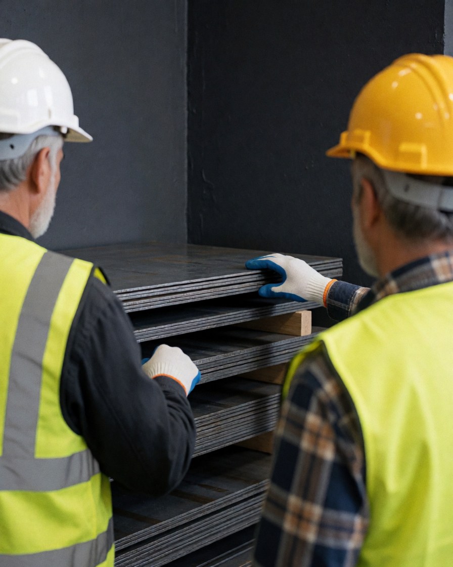 Two workers wearing hard hats and safety vests inspecting a stack of steel plates in a warehouse with dark walls.