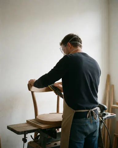 A man wearing a mask and safety glasses sanding a wooden chair in a furniture repair workshop with tools and natural light.