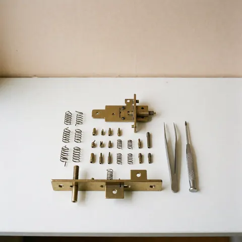 Disassembled bronze lock components and precision tools arranged on a white surface, ideal for lock repairers detailing hardware work.