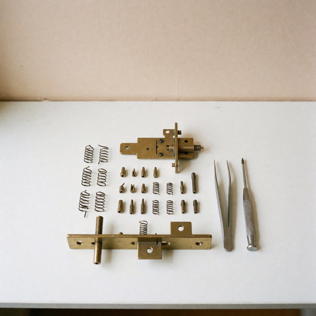 Disassembled bronze lock components and precision tools arranged on a white surface, ideal for lock repairers detailing hardware work.