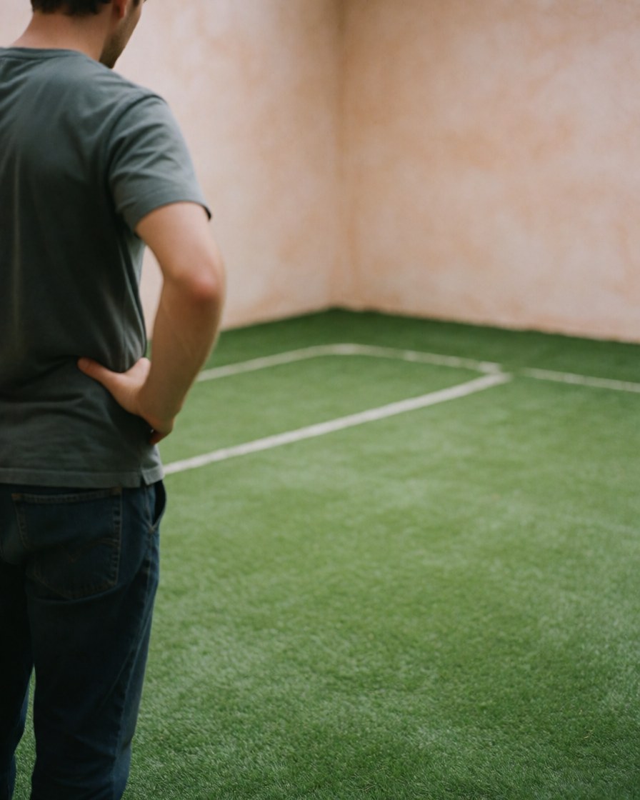Back view of a customer observing a newly installed green synthetic tennis court with white lines and terracotta walls