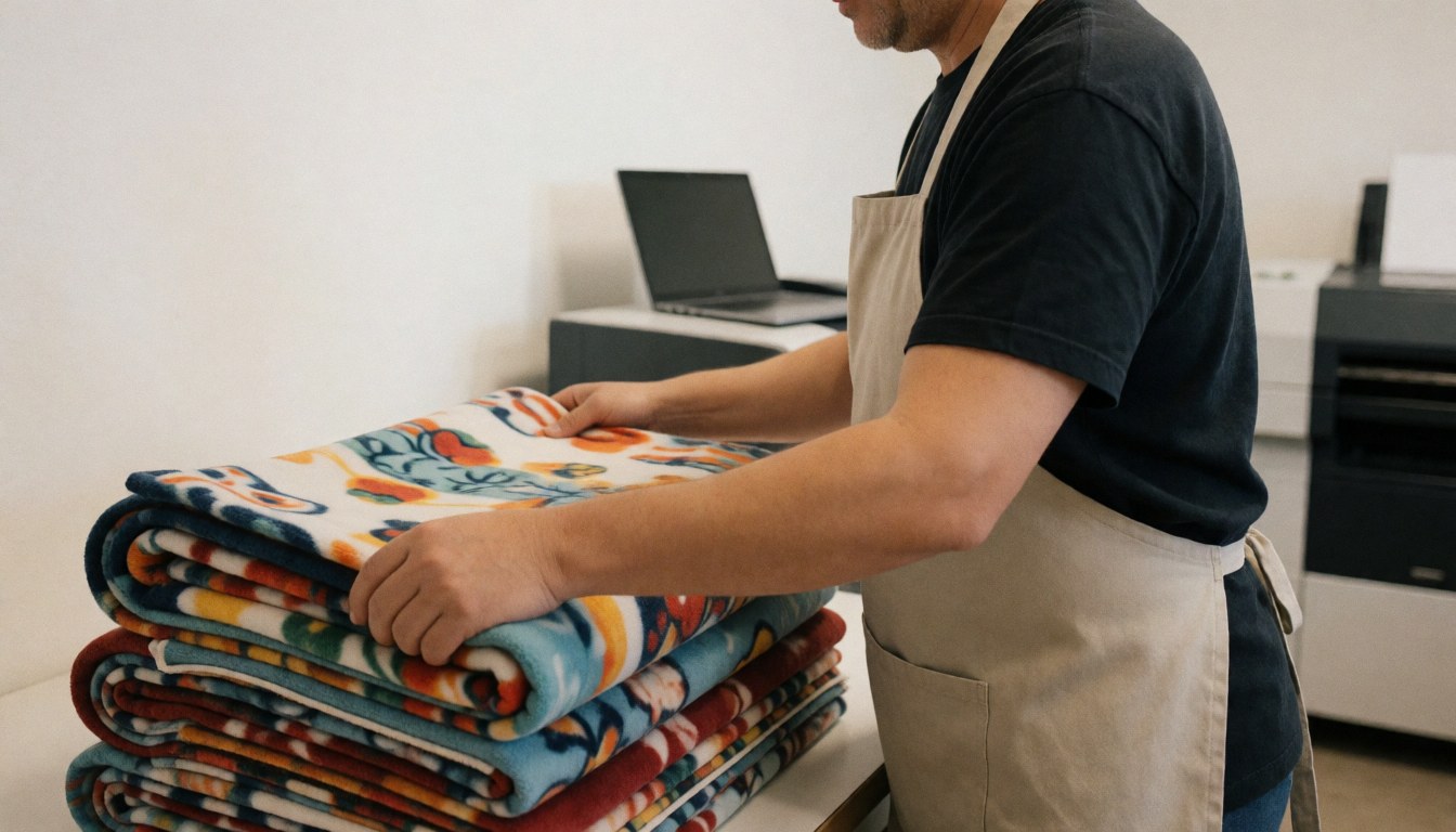 A worker folds colorful patterned fleece blankets in a clean factory with printing machines in the background.