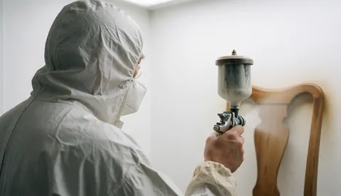 A carpenter applies varnish to an antique wooden chair using a spray gun in a workshop setting