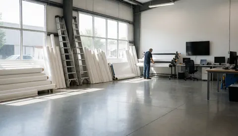 A man handles large vinyl rolls in a spacious industrial workshop with printing machinery and polished concrete floors