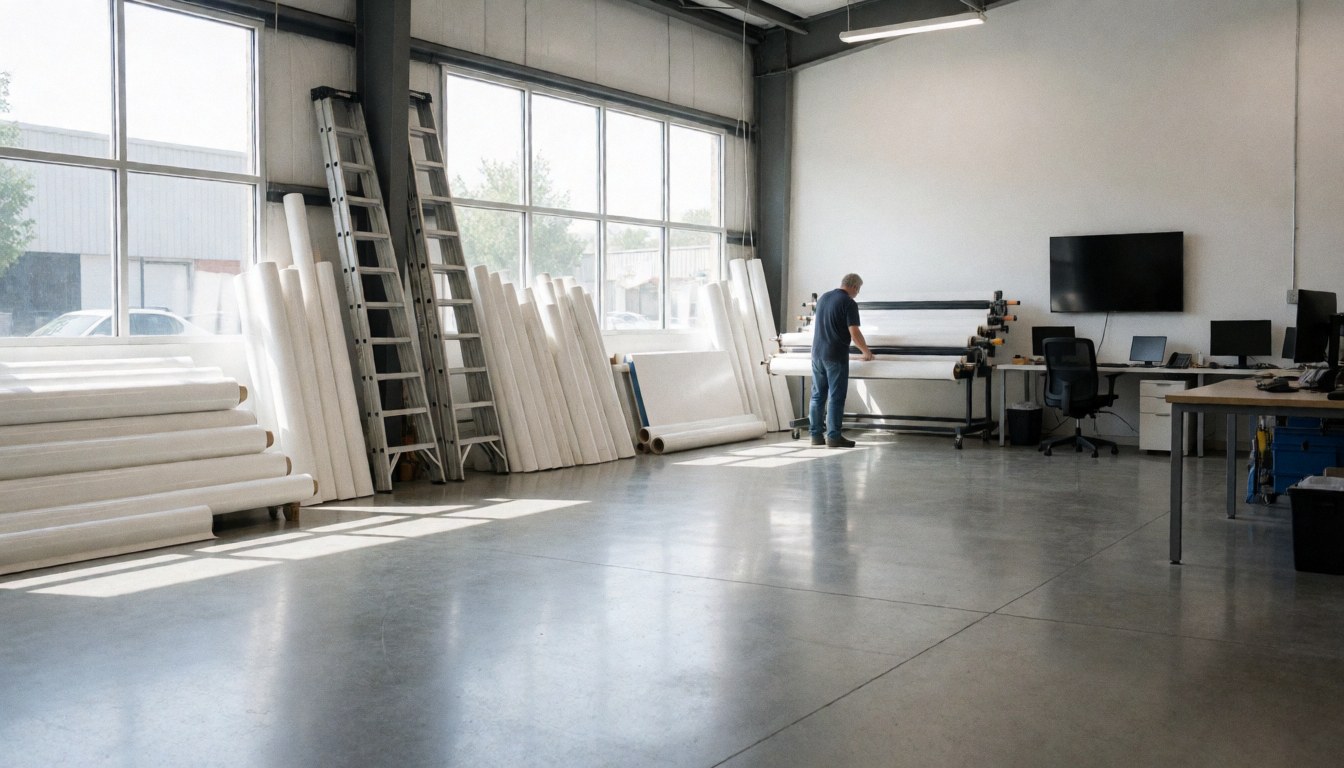 A man handles large vinyl rolls in a spacious industrial workshop with printing machinery and polished concrete floors