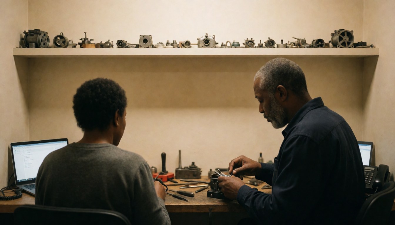 Technician repairing a fan in a workshop using tools, with beige walls and fans on a shelf, suitable for repair services