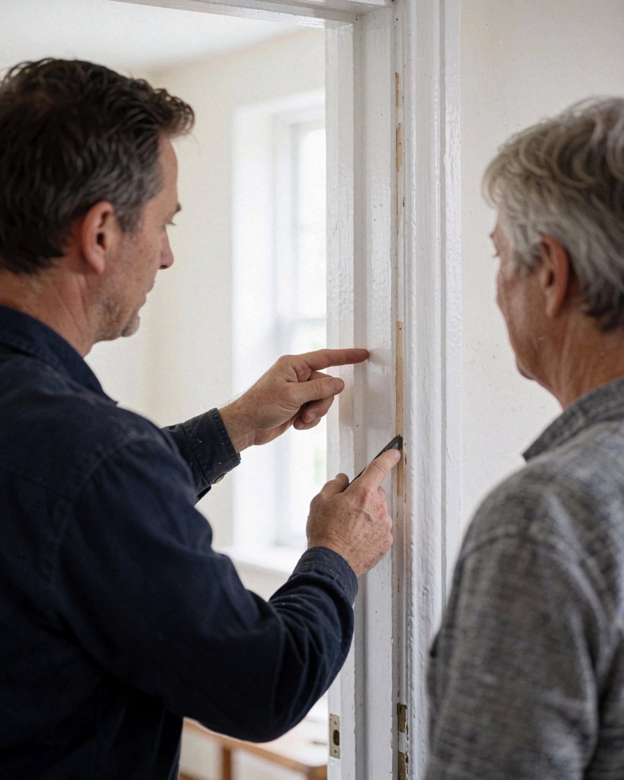 Technician displaying the finished door jamb to a client in a well-lit room with white walls and natural light.