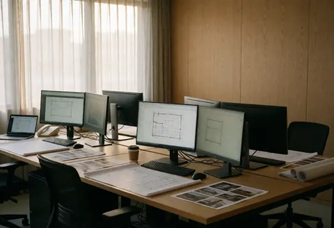 Printer office featuring wooden desks, monitors displaying blueprints, printed plans, and natural light filtering through curtains.