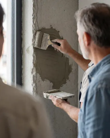 A bricklayer uses a trowel to apply cement to a concrete wall during structural repair work under natural lighting