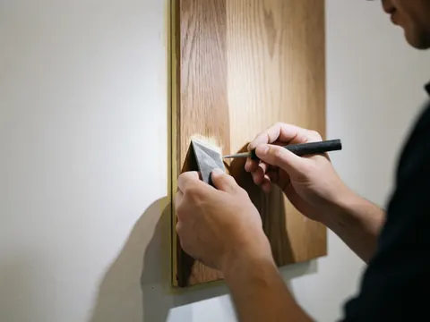 Close-up of a hand using a tool to repair an old wooden joint against a white background, highlighting furniture restoration work.