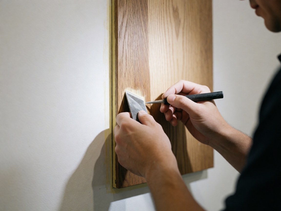 Close-up of a hand using a tool to repair an old wooden joint against a white background, highlighting furniture restoration work.