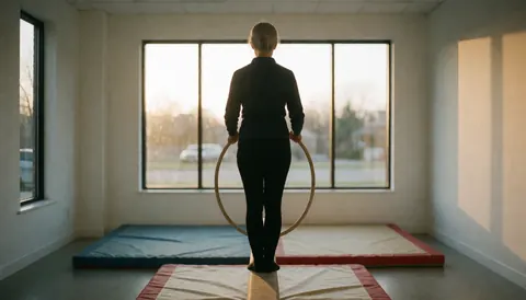 Gymnastics coach holding a wooden hoop in a studio with mats and warm light from large windows