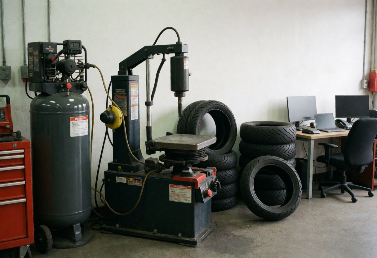 Tire changing machine next to compressed air tank and stacks of tires in motorcycle repair shop