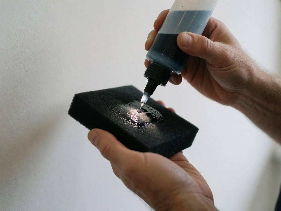 Close-up of ceramic coating droplets on a black cloth for automotive paint detailing