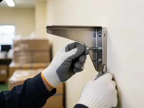 Close-up of a gloved hand tightening a screw on a stainless steel bracket mounted on a wall during industrial assembly