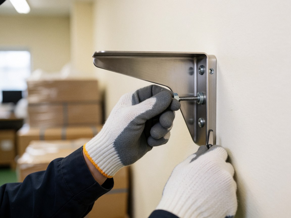 Close-up of a gloved hand tightening a screw on a stainless steel bracket mounted on a wall during industrial assembly