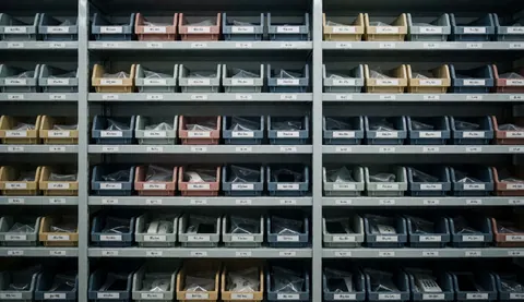 Organized metal shelving units holding labeled plastic bins and anti-static bags, providing a clean background for mobile phone repair services.