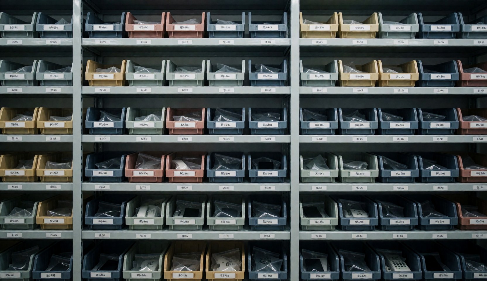 Organized metal shelving units holding labeled plastic bins and anti-static bags, providing a clean background for mobile phone repair services.