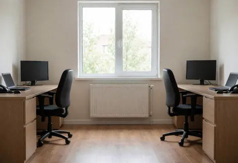 White radiator installed under a large window in a clean office with wooden desks and black chairs, showcasing heating system installation in a professional interior.