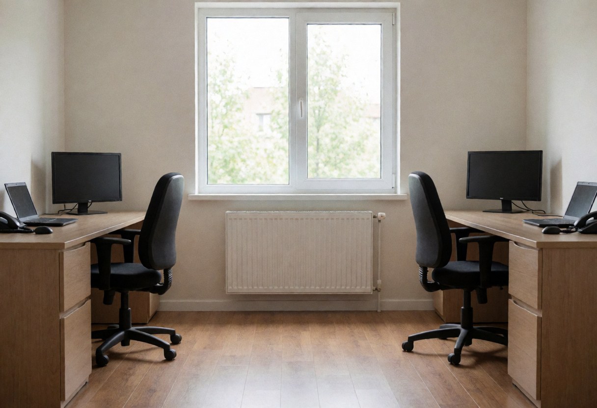 White radiator installed under a large window in a clean office with wooden desks and black chairs, showcasing heating system installation in a professional interior.