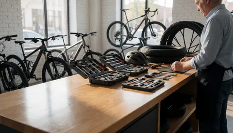 Wooden workbench with professional tools, tires, and helmets in a bicycle repair shop with bikes in the background