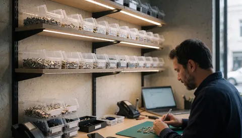 A technician repairing a mobile phone in a workshop with organized screw shelves and a professional repair environment.