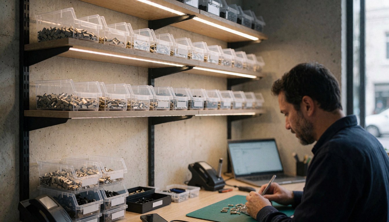 A technician repairing a mobile phone in a workshop with organized screw shelves and a professional repair environment.