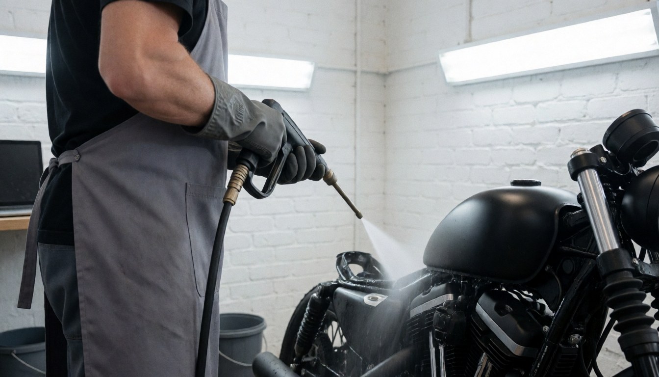 Mechanic wearing gloves and apron washing a black motorcycle with a water hose in a workshop with white brick walls
