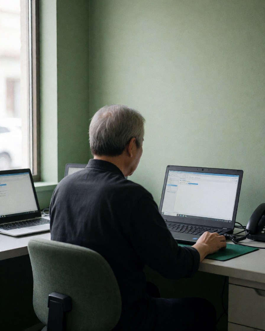 Technician working on a laptop in an office with a green wall and natural light, console repair scene