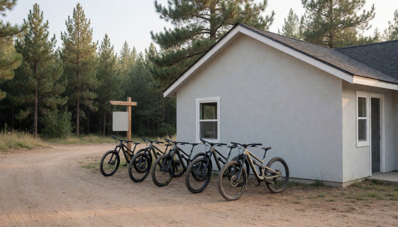Mountain bikes parked in a dirt clearing in front of a small house surrounded by pine trees