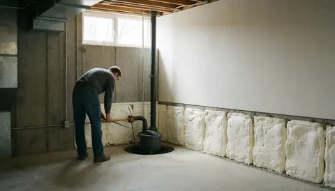 Worker installing white thermal insulation on a concrete foundation wall near a sump pump in a basement with natural light