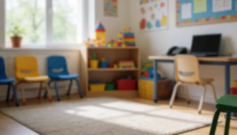 Colorful chairs in a spanish classroom with toy shelves and natural light from the window