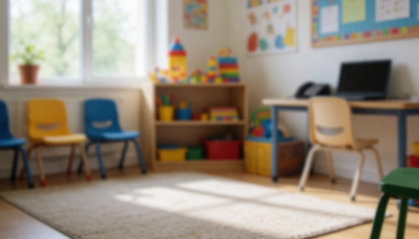 Colorful chairs in a spanish classroom with toy shelves and natural light from the window