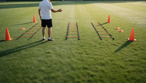 Soccer coach training on grass field with agility ladders and orange cones in morning light