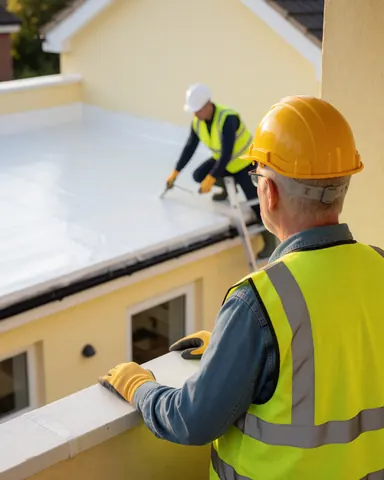 A smiling client wearing a yellow hard hat observes a worker applying white waterproofing membrane to a flat roof surface.