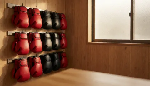 Red and black boxing gloves hanging on a wooden wall near a window with natural light in a gym corner