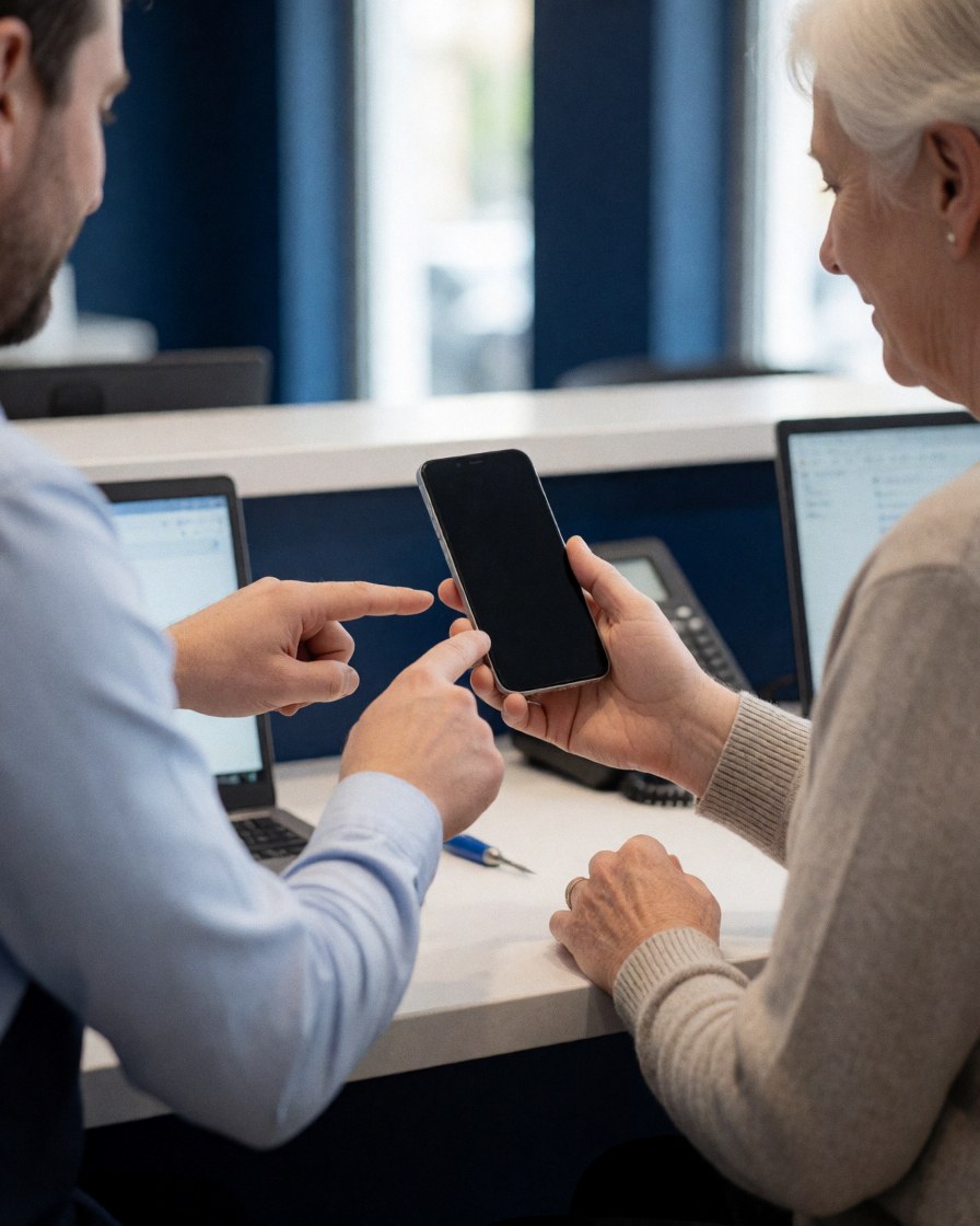A technician and a customer review a mobile phone at a repair store with desks and phones visible in the background.