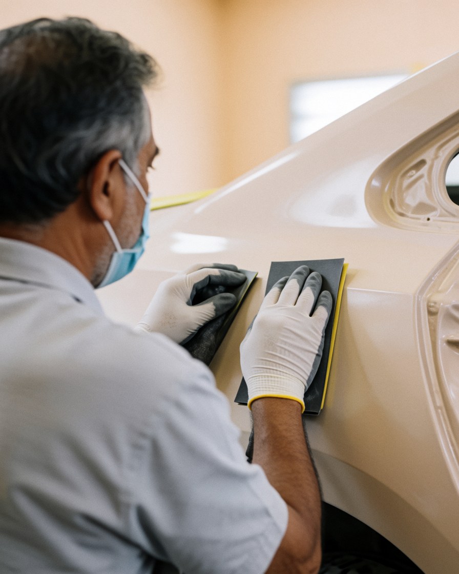 A technician wearing a mask and gloves sands a car body in preparation for auto painting, showing the bodywork and painting service in action.
